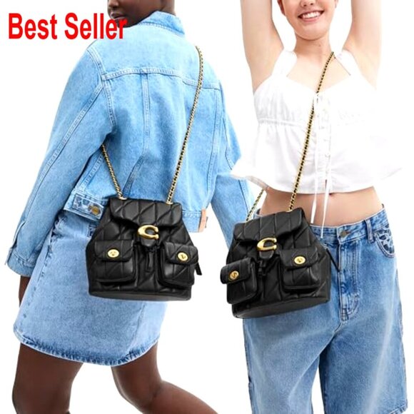 Quilted Leather Backpack with Adjustable Chain Straps main image 6